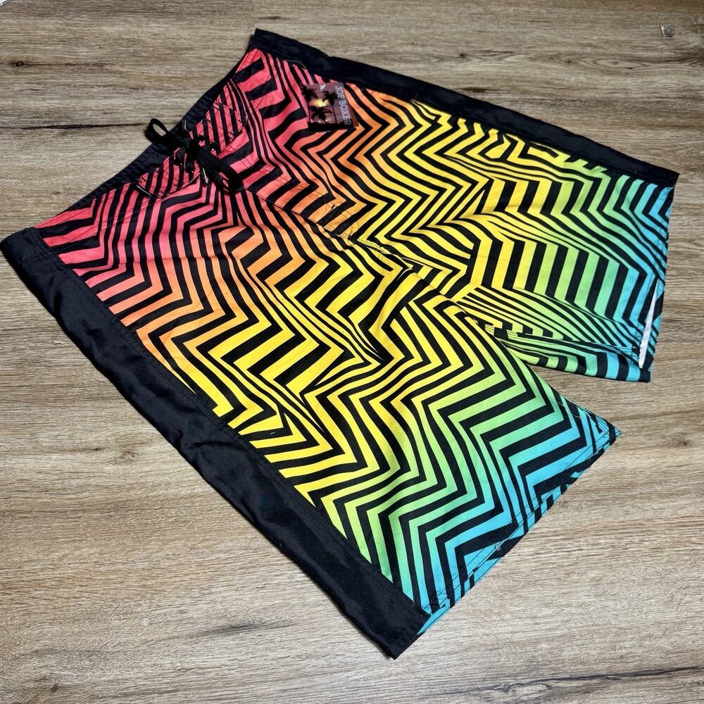 VTG Joe Boxer Men 32 Board Shorts Rainbow ZigZag Neon Swim Trunks Deadstock Y2K